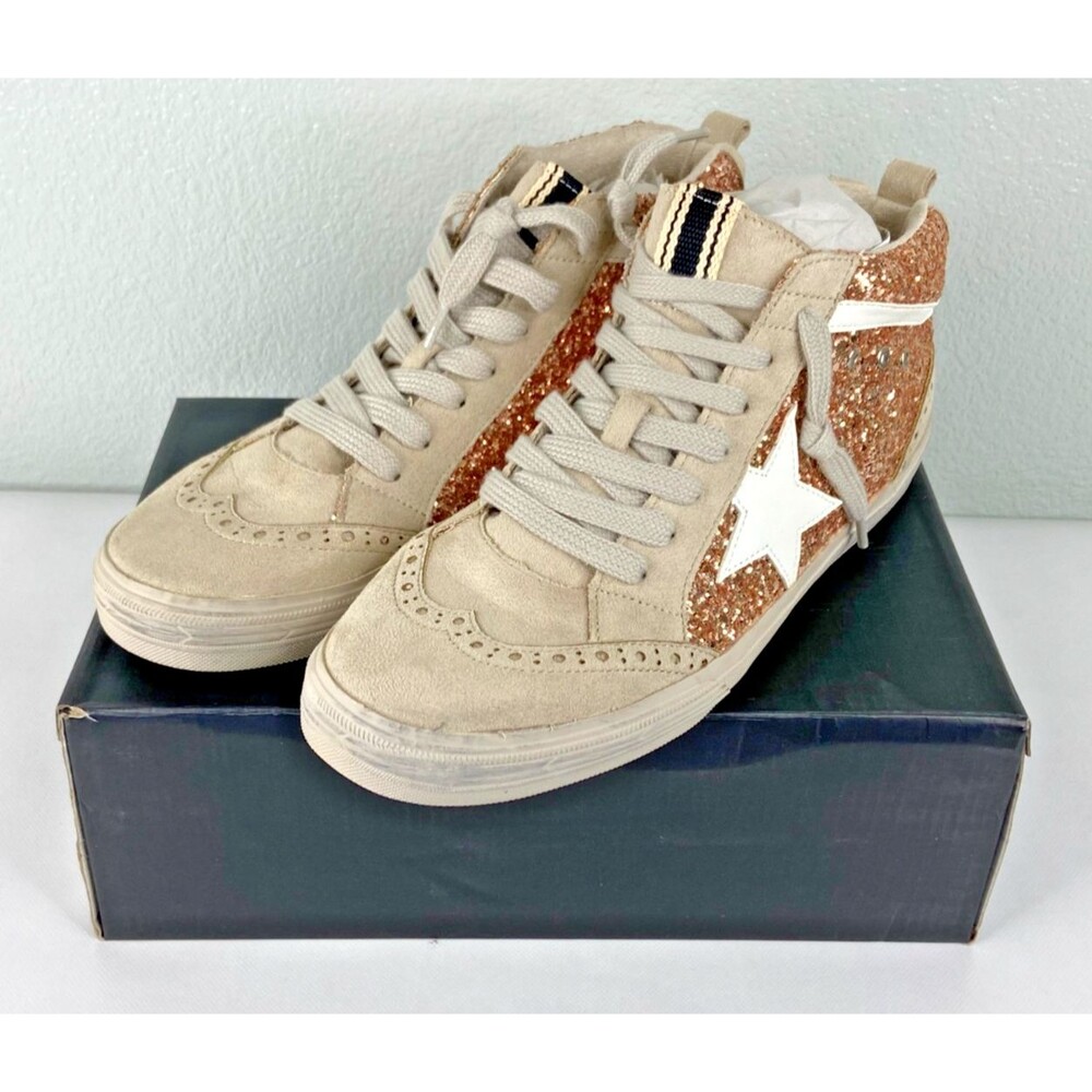 Shu Shop Women Rina Sparkle Sneaker Rose Gold Star High Top Shoe NWT - Picture 1 of 7